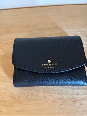 kate spade Black Leather Folded Card Wallet with Gold Logo
